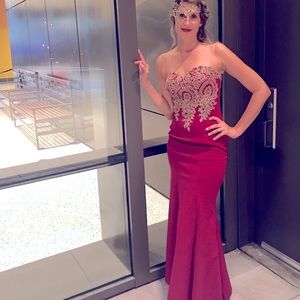 Burgundy gold lace mermaid dress